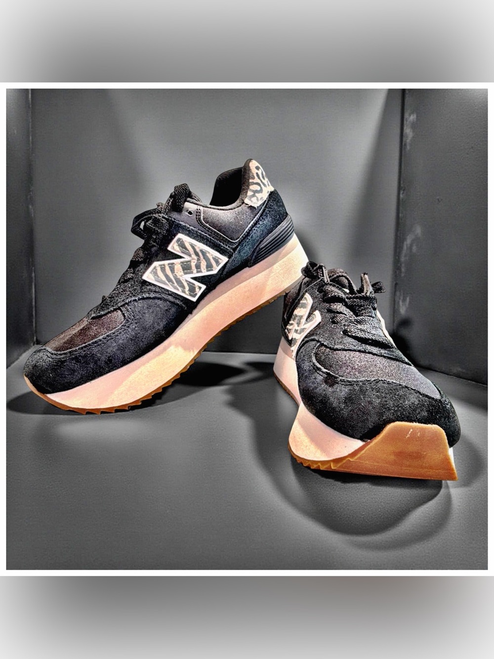 New Balance Black Suede Platform Sneakers with Animal print accents
